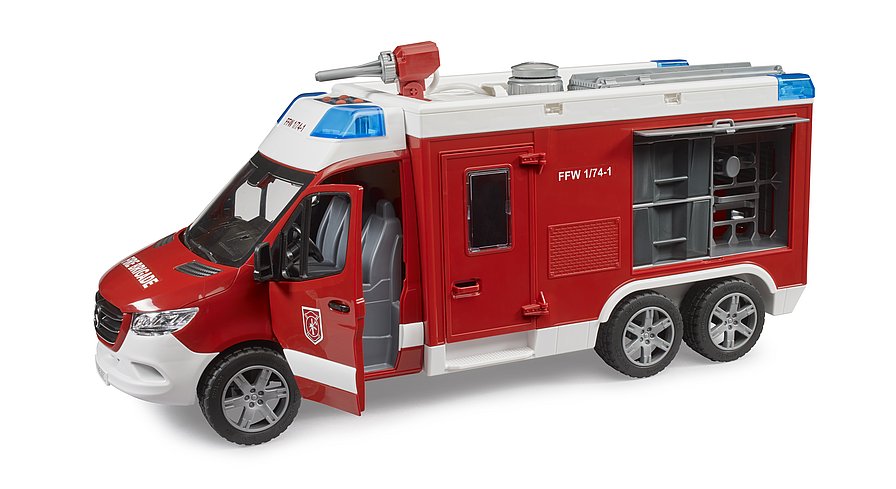 MB Sprinter Feuerwehrrüstwagen mit Light & Sound Modul      Artikel Nr. 02680     Größe 48,0 cm × 16,0 cm × 21,0 cm     Altersempfehlung ab 4 Jahren