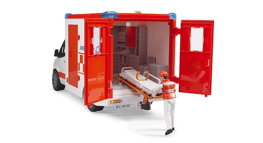 Einsatzfahrzeuge MB Sprinter Ambulanz mit Fahrer      Artikel Nr. 02676     Größe 45,5 cm × 17,0 cm × 22,0 cm     Altersempfehlung ab 4 Jahren