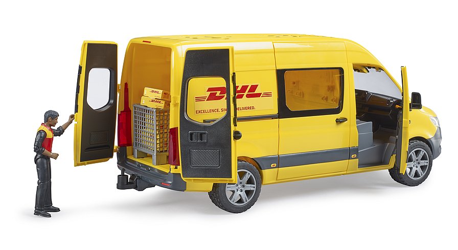 MB Sprinter DHL mit Fahrer      Artikel Nr. 02671     Größe 43,5 cm × 16,3 cm × 18,5 cm     Altersempfehlung ab 4 Jahren